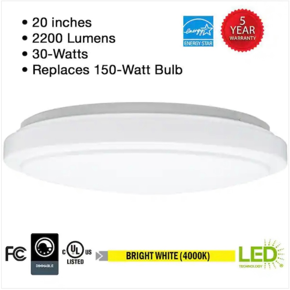 Hampton Bay
Dimmable 20 in. Round White LED Flush Mount Ceiling Light Fixture
